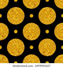 Tile vector pattern with big golden polka dots on black background for seamless decoration wallpaper