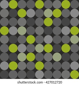Tile vector pattern with big green, grey and black polka dots on grey background
