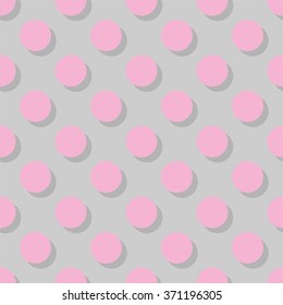 Tile vector pattern big pink polka dots with shadow on grey background