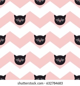 Tile vector pattern with black cats on chevron zig zag background