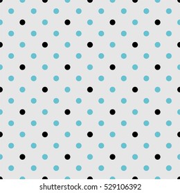 Tile vector pattern with black and mint blue polka dots on grey background