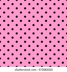 Tile vector pattern with black polka dots on pastel pink background