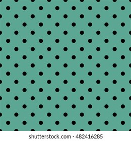 Tile vector pattern with black polka dots on green background.