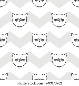 Tile vector pattern with cats on chevron zig zag background