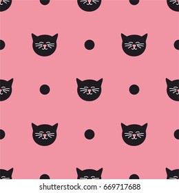 Tile vector pattern with cats and polka dots on pink background