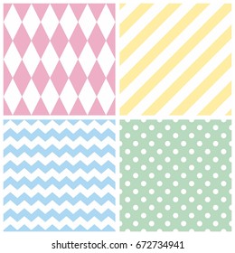 Tile vector pattern with chevron zig zag, polka dots and stripe background