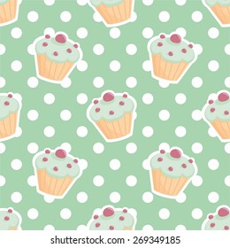 Tile vector pattern with cupcakes and polka dots on mint green background