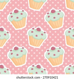 Tile vector pattern with cupcakes and polka dots on pastel pink background