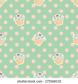 Tile vector pattern with cupcakes and polka dots on mint green background