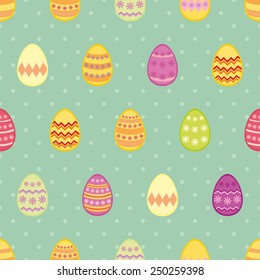 Tile vector pattern with easter eggs on mint blue and polka dots background