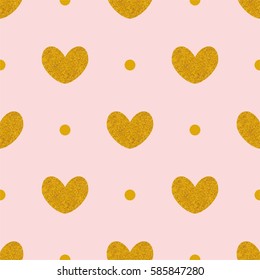 Tile vector pattern with golden hearts and polka dots on pink background