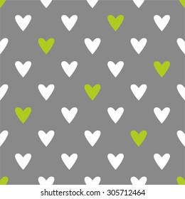 Tile vector pattern with hand drawn green and white hearts on dark grey background