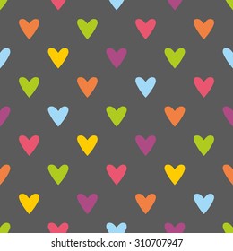 Tile vector pattern with hand drawn colorful hearts on dark grey background