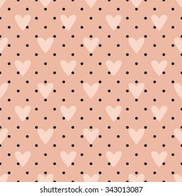 Tile vector pattern with hearts and polka dots on pastel pink background