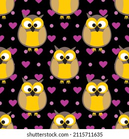Tile vector pattern with owls with pink hearts and dots on a black background