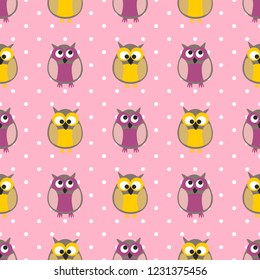 Tile vector pattern with owls and polka dots on pink background