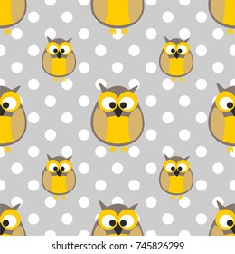 Tile vector pattern with owls and polka dots on grey background
