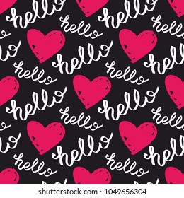 Tile vector pattern with pink hearts and hello text on black background