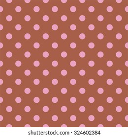 Tile vector pattern with pink polka dots on brown background for decoration wallpaper