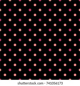 Tile vector pattern with pink polka dots on black background