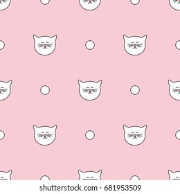 Tile vector pattern with polka dots and cats on pink background