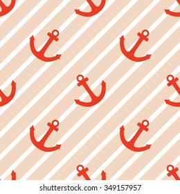 Tile vector pattern with red anchor on pastel stripes background