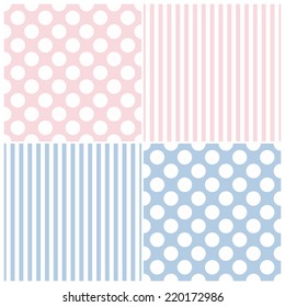 Tile vector pattern set with big white polka dots and strips on pink and blue background