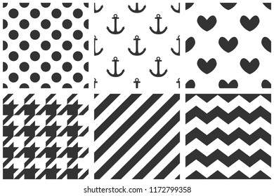 Tile vector pattern set with black and white polka dots, zig zag, hounds tooth and stripes  background for seamless decoration wallpaper