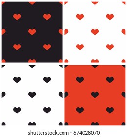 Tile vector pattern set with black, red and white hearts