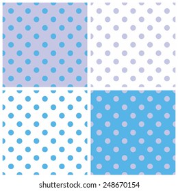 Tile vector pattern set with grey and blue polka dots on white and pastel background