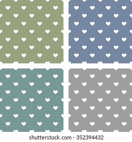 Tile vector pattern set with hearts on blue, green and grey background