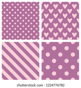 Tile vector pattern set with pink polka dots, hounds tooth, hearts and stripes background