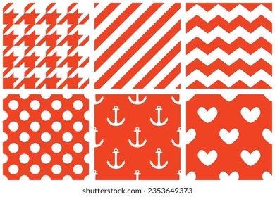 Tile vector pattern set with red polka dots, stripes, zig zag print and hearts on white background 