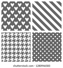 Tile vector pattern set with white polka dots, hounds tooth, hearts and stripes grey background