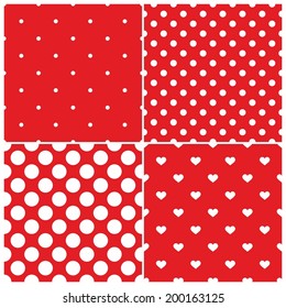 Tile vector pattern set with white polka dots and hearts on red background 