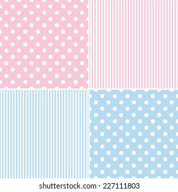 Tile vector pattern set with white polka dots and strips on pink and blue background