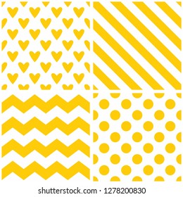 Tile vector pattern set with yellow polka dots, zig zag, hearts and stripes background