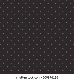 Tile vector pattern with small pink polka dots on black background for seamless decoration wallpaper