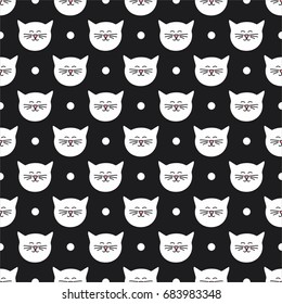 Tile vector pattern with white cats and polka dots on black background