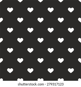 Tile vector pattern with white hearts on black background for seamless decoration wallpaper
