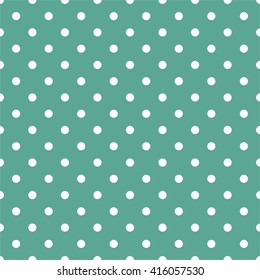 Tile vector pattern with white polka dots on dark mint green background