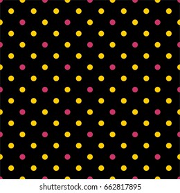Tile vector pattern with yellow and pink polka dots on black background