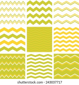 Tile vector pattern with yellow, white and green zig zag print background
