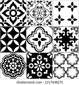 Tile vector seamless Azlejos pattern, Spanish or Portuguese mosaic in black and white, abstract and floral designs.

Monochrome ornamental textile background inspired traditional tiles from Portugal