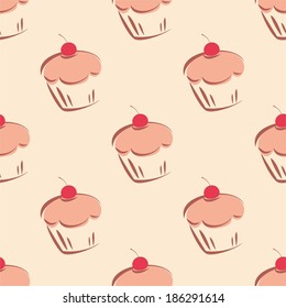 Tile vector sweet cake pattern or texture with little cherry cupcakes, hand drawn muffins dessert. Background with sweets 