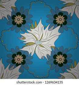 Tile for wallpaper or fabric. Checkered vector seamless pattern with grunge texture and abstract blue, gray and black flowers. Seamless pattern with plaid.