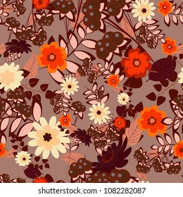Tile for wallpaper or fabric. Seamless pattern with plaid. Checkered vector seamless pattern with grunge texture and abstract brown, red and yellow flowers.