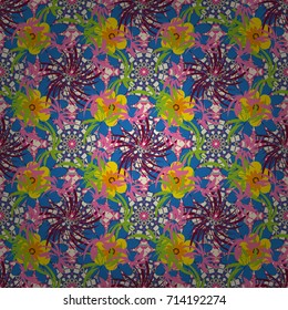 Tile for wallpaper or fabric. Seamless pattern with plaid. Checkered vector seamless pattern with grunge texture and abstract violet, blue and pink flowers.