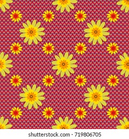 Tile for wallpaper or fabric. Seamless pattern with plaid. Checkered vector seamless pattern with grunge texture and abstract red, yellow and magenta flowers.