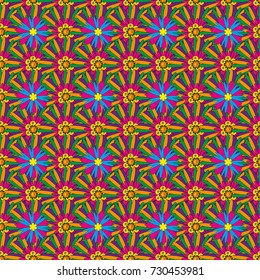 Tile for wallpaper or fabric. Seamless pattern with plaid. Checkered vector seamless pattern with grunge texture and abstract yellow, magenta and green flowers.
